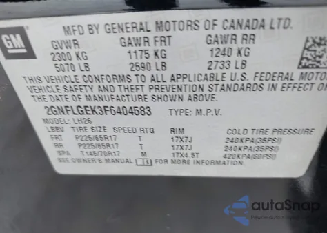2015 Chevrolet Equinox 2Lt from USA, damaged, VIN 2GNFLGEK3F6404583